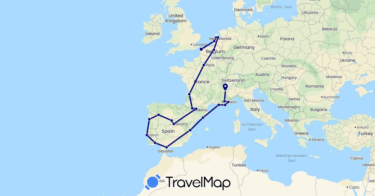 TravelMap itinerary: driving in Belgium, Spain, France, Netherlands, Portugal (Europe)